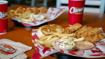 fried chicken basket with fries and dips