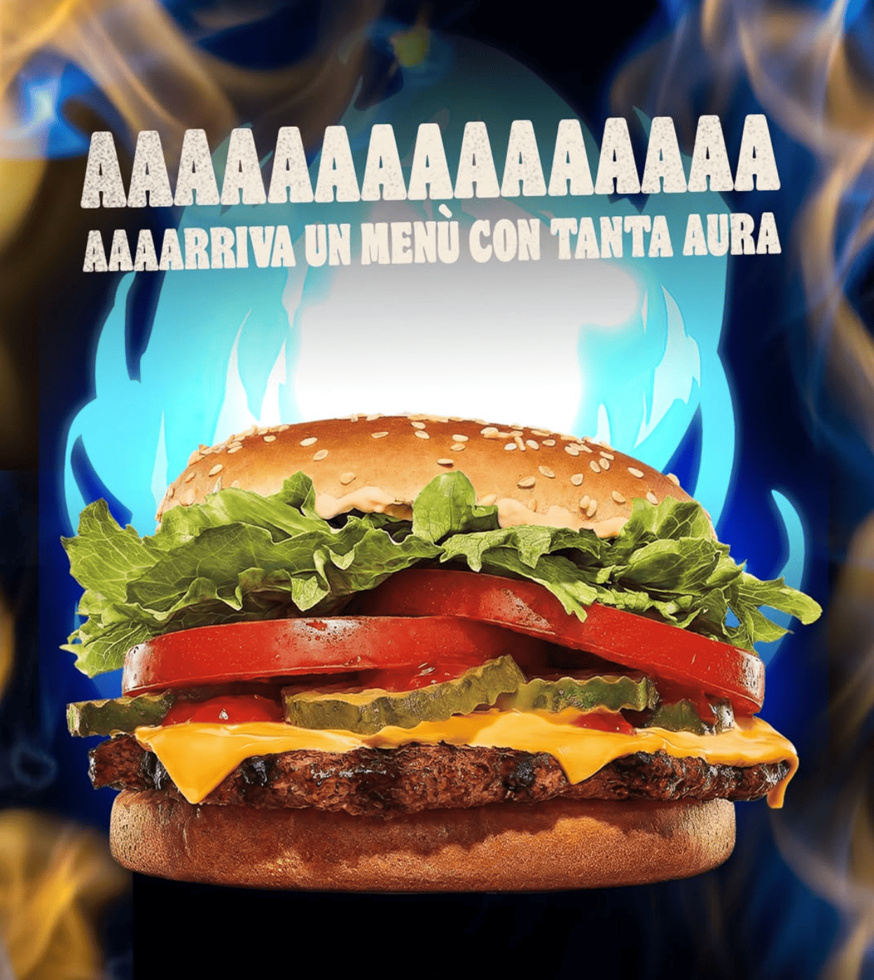 hamburger con aura blu e fiamme