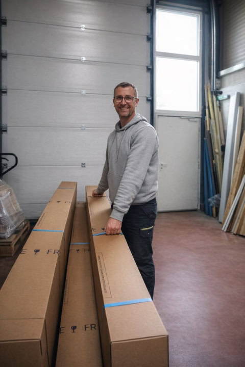 homme souriant dans un entrepôt avec cartons longs