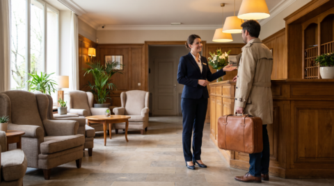lobby d’hôtel Élégant avec réception chaleureuse
