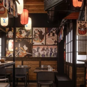 intérieur d’izakaya japonais, ambiance chaleureuse et traditionnelle