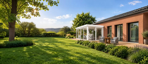 jardin paisible, maison moderne et terrasse ensoleillée