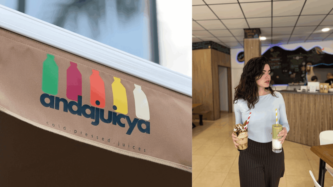 logo de juice café y mujer con bebidas