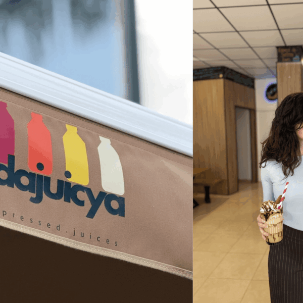 logo de juice café y mujer con bebidas