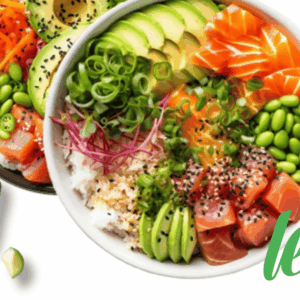 bol de poke fresco con salmón y aguacate