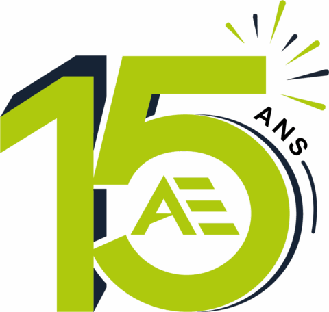 logo anniversaire 15 ans ae vert citron et bleu marine