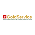logo goldservice : croix rouge et slogan vert gris