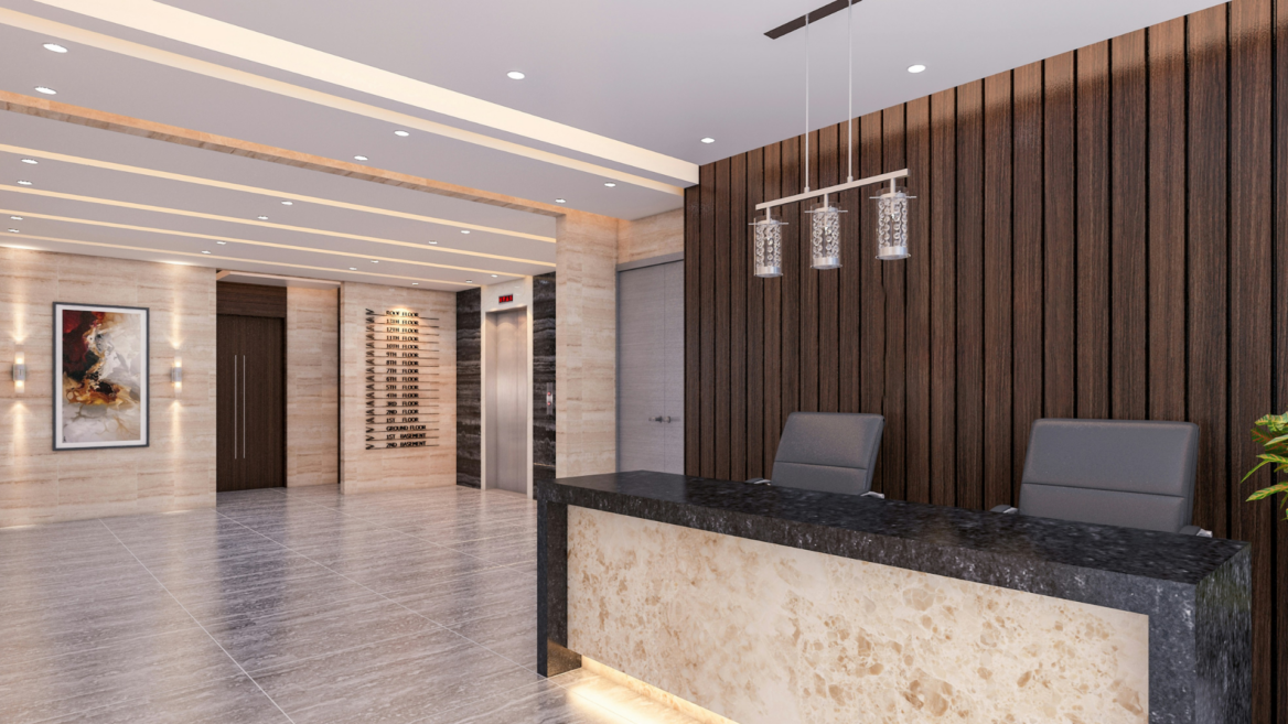 luxe lobby moderne avec réception et ascenseur