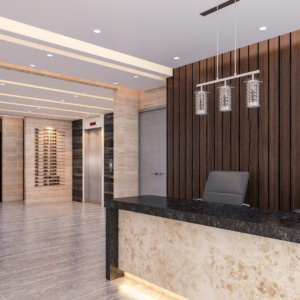 luxe lobby moderne avec réception et ascenseur