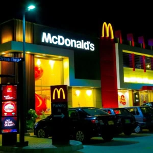 mcdonald’s di notte con drive thru e parcheggio
