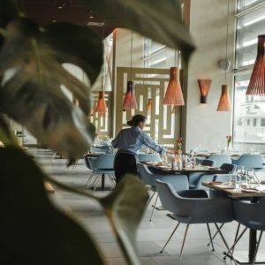 elegant waterfront restaurant interior with harbour view