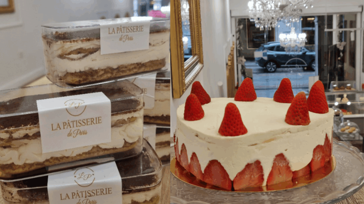 vitrina de pastelería francesa con tartas y fresas