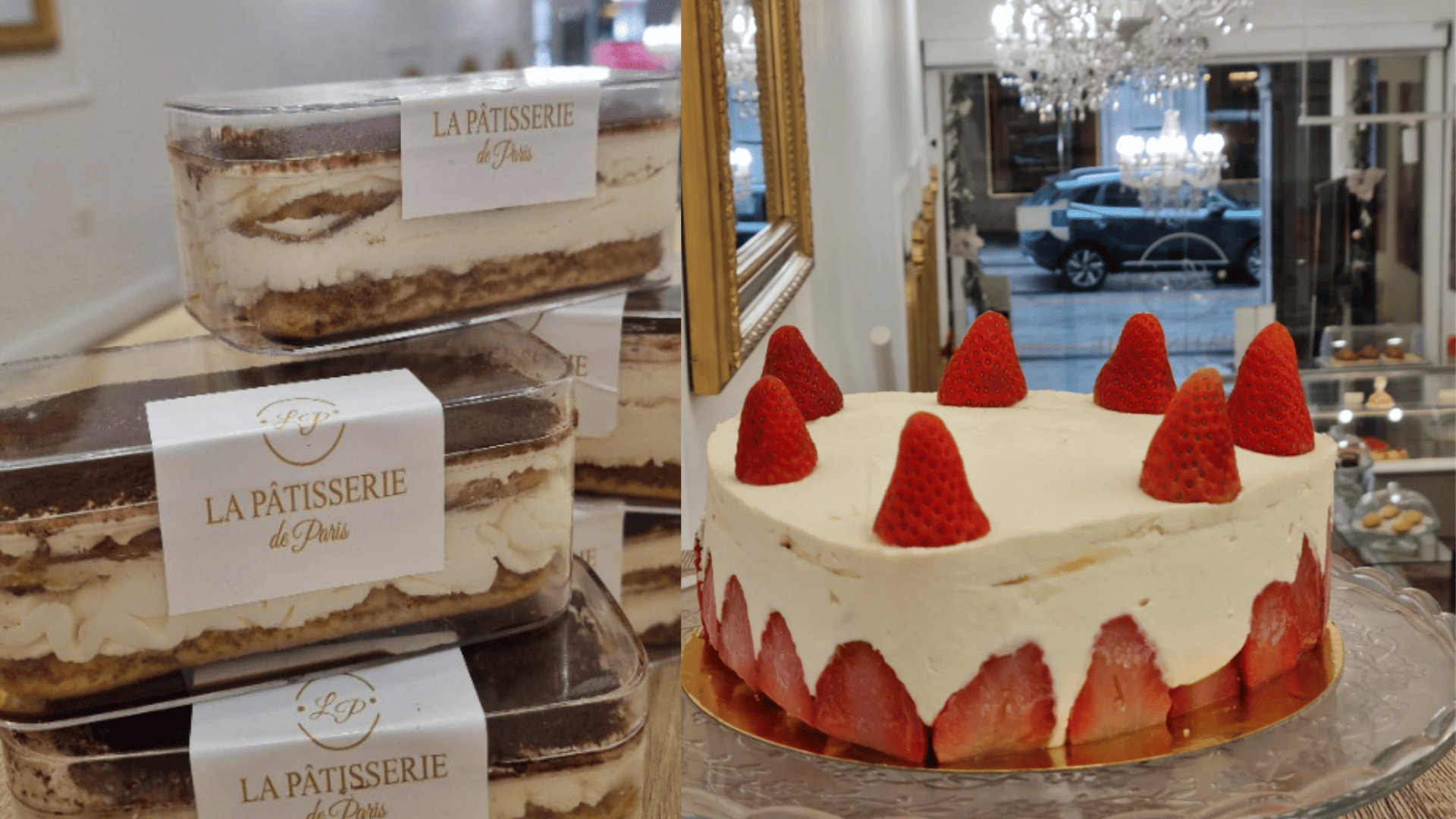 vitrina de pastelería francesa con tartas y fresas