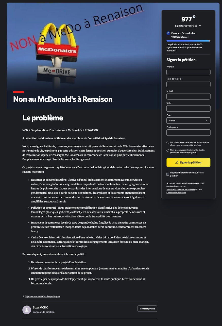 pétition contre le mcdonald’s à renaison