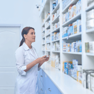 farmacéutica inspeccionando medicamentos en farmacia moderna