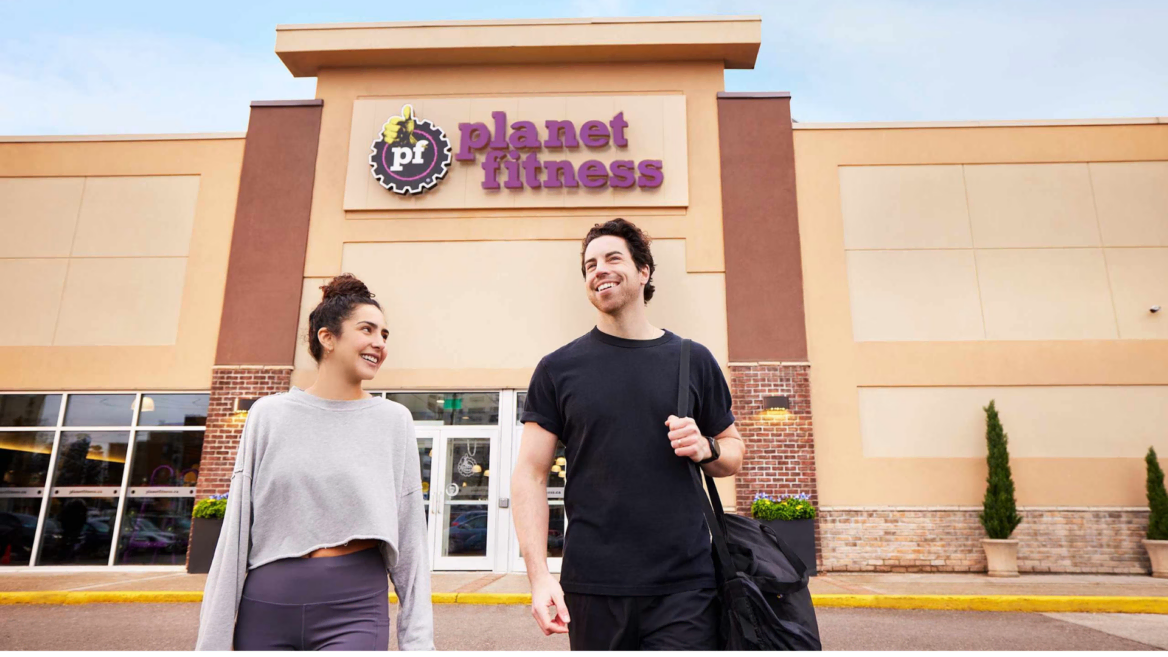 planet fitness exit, smiling couple after workout