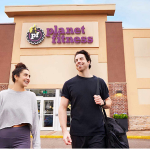 planet fitness exit, smiling couple after workout
