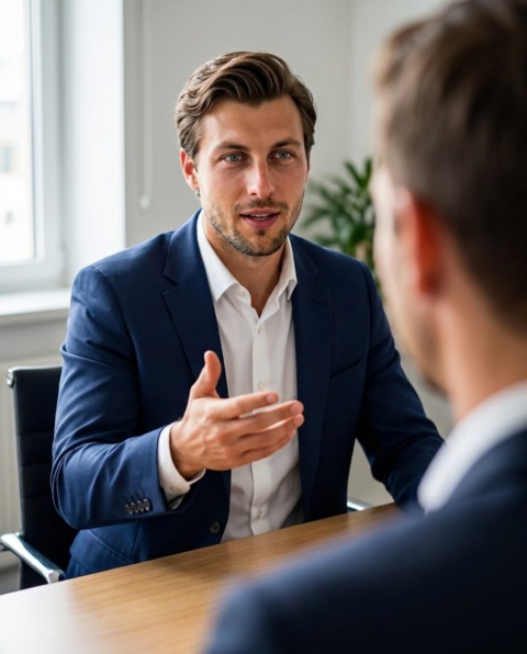 homme en costume bleu en entretien professionnel