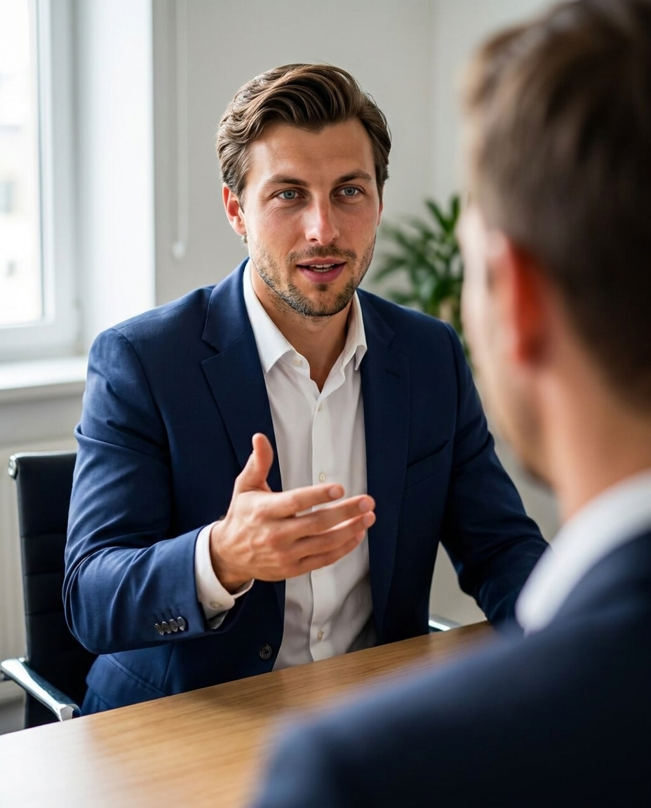 homme en costume bleu en entretien professionnel