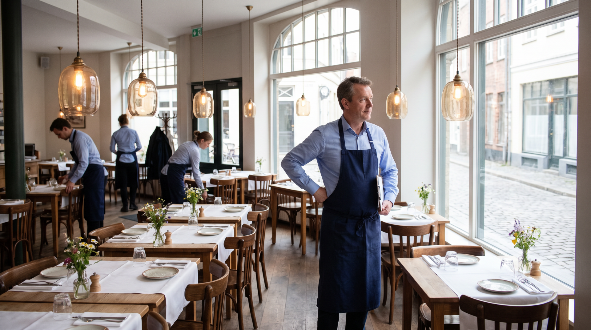restaurant Élégant lumineux, personnel en préparation