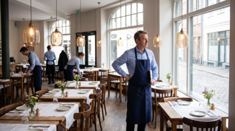 restaurant Élégant lumineux, personnel en préparation