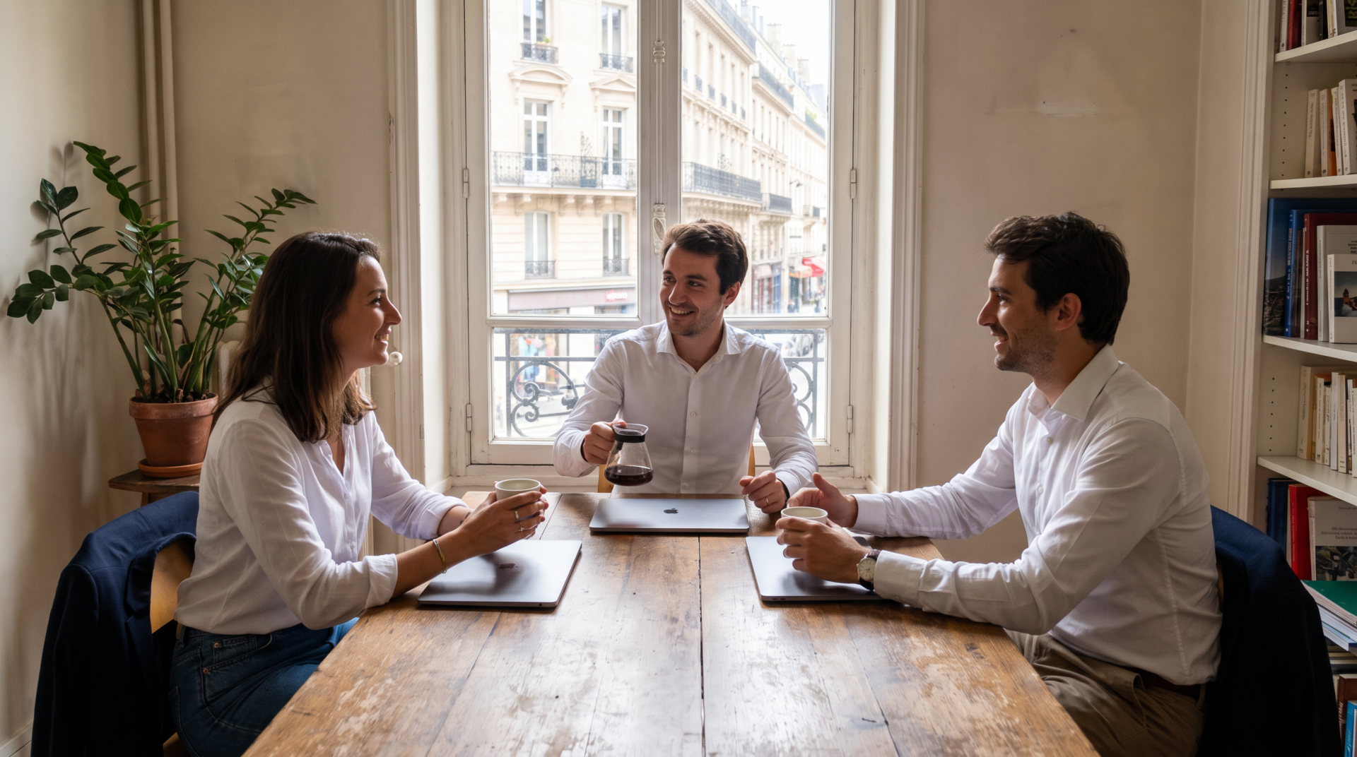 réunion conviviale autour du café et des laptops
