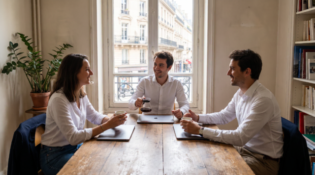 réunion conviviale autour du café et des laptops
