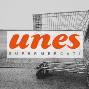 carrello della spesa unes, logo arancione in b/n