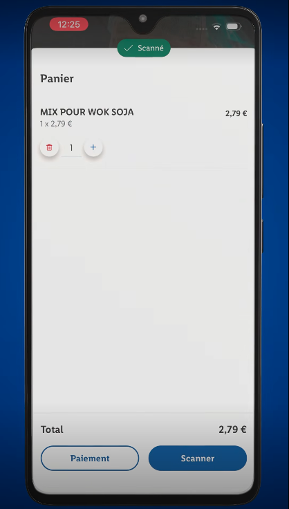 panier de courses scanné avec total et paiement