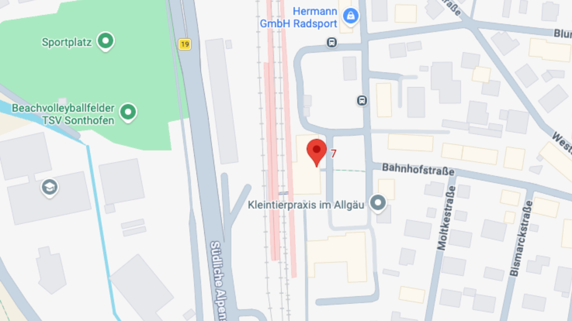 sonthofen stadtplan: markierter ort am bahnhof und sportplatz