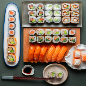 plateau de sushi varié vu du haut