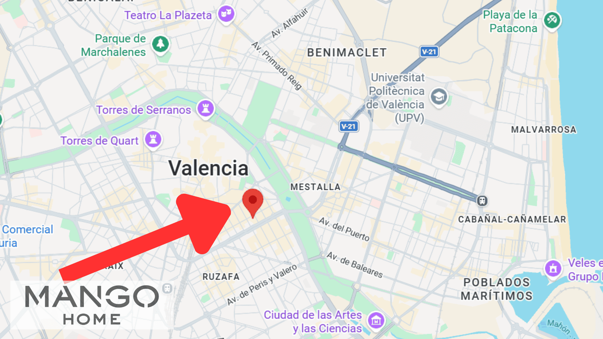 mapa de valencia con pin en mestalla