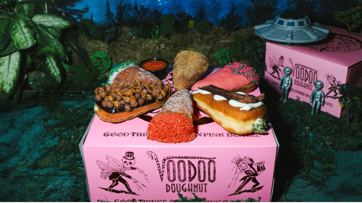 voodoo doughnut ufo display with spooky donuts