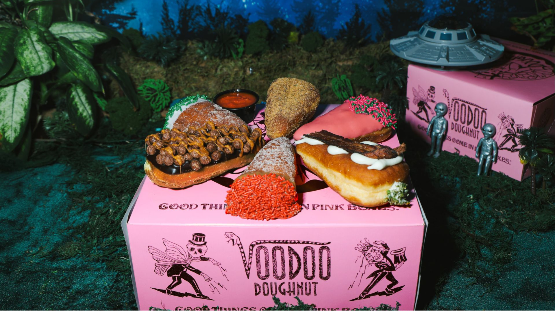 voodoo doughnut ufo display with spooky donuts