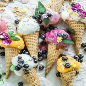 cônes gaufres glacés aux fruits et fleurs
