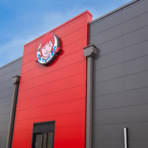 modern wendy’s restaurant exterior, red facade