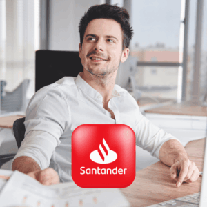 joven en oficina con logo santander