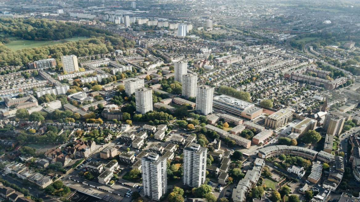 aerial view of dense urban residential district
