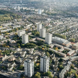 aerial view of dense urban residential district
