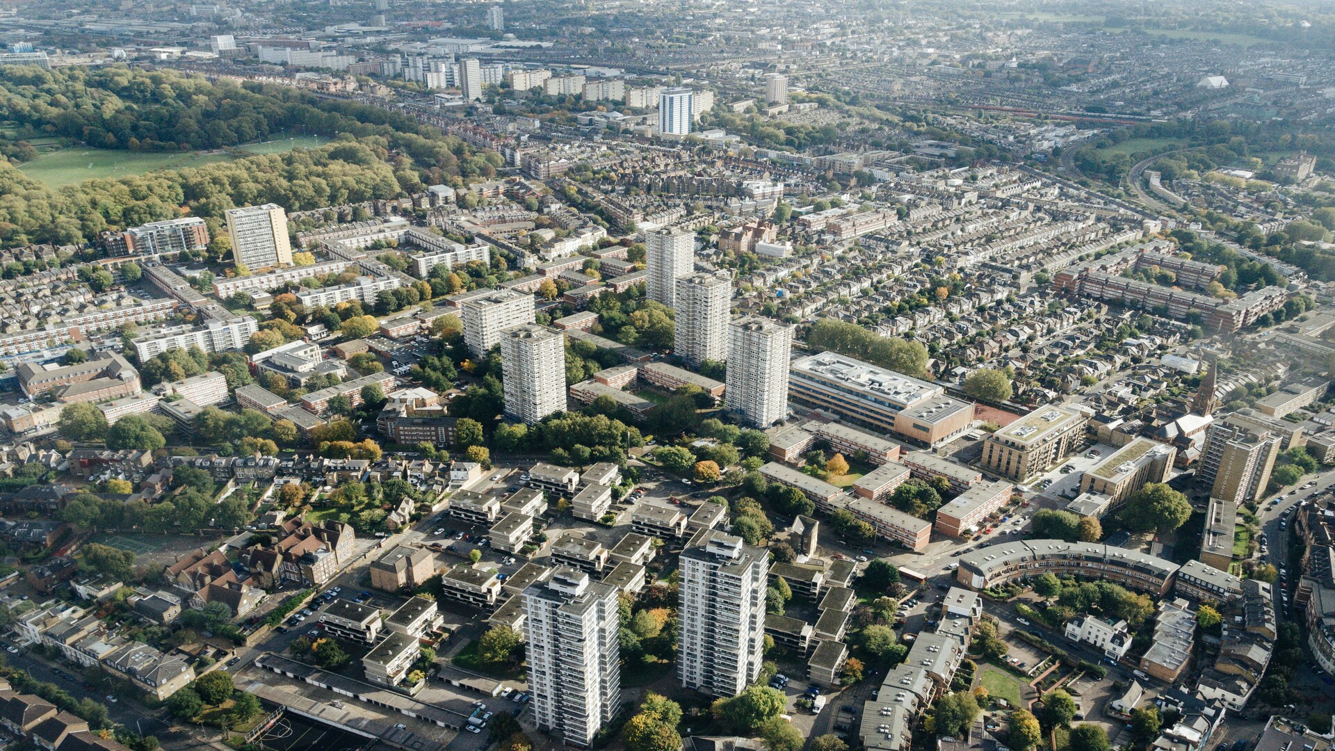 aerial view of dense urban residential district