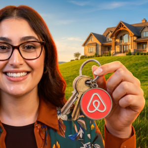 donna con chiavi airbnb davanti alla casa elegante