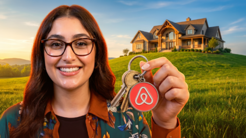 donna con chiavi airbnb davanti alla casa elegante