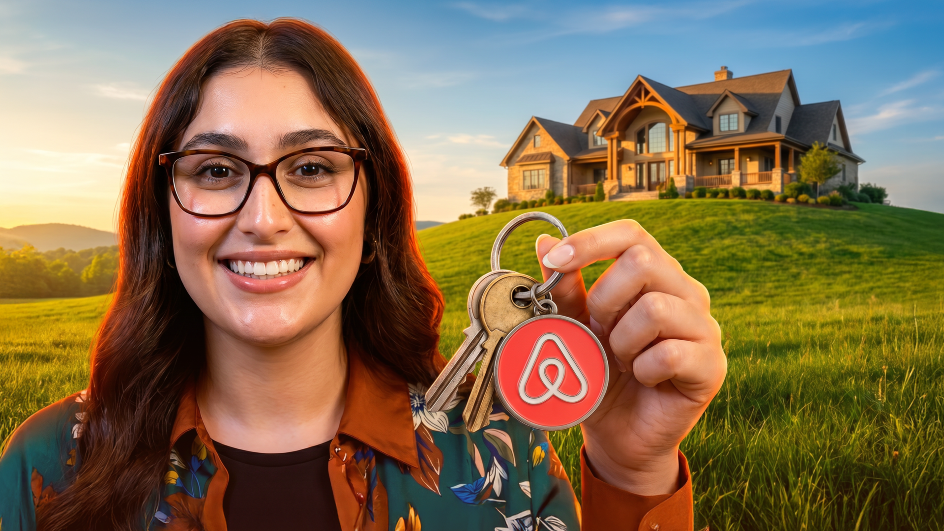 donna con chiavi airbnb davanti alla casa elegante