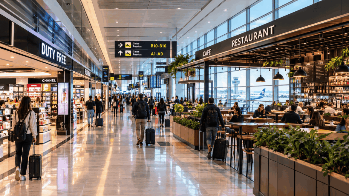terminal de aeropuerto con duty free y cafetería