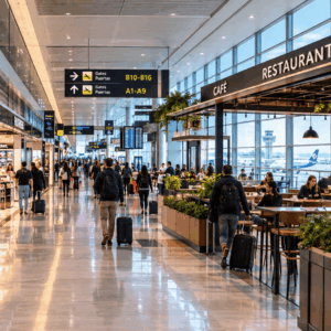 terminal de aeropuerto con duty free y cafetería