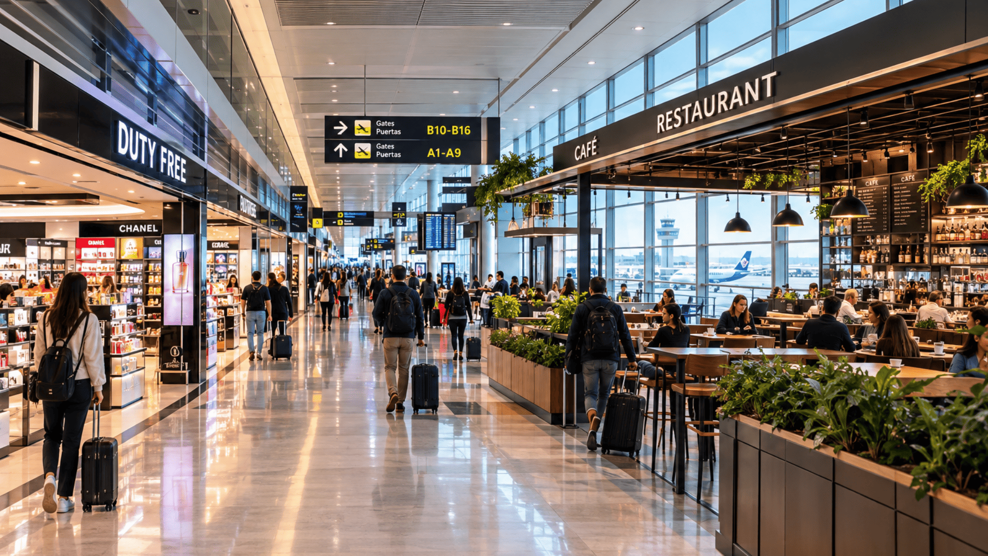 terminal de aeropuerto con duty free y cafetería