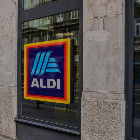 aldi storefront window sign in city street