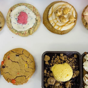 assorted gourmet cookies and dessert cups overhead