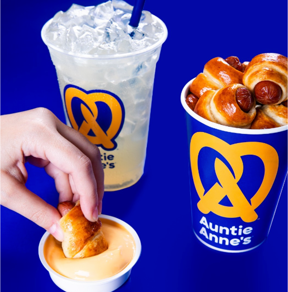 auntie anne’s pretzel dogs, drink and cheese dip