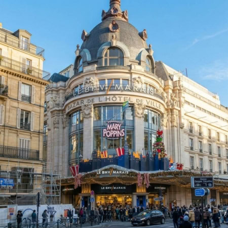 bhv marais à paris, vitrine festive mary poppins